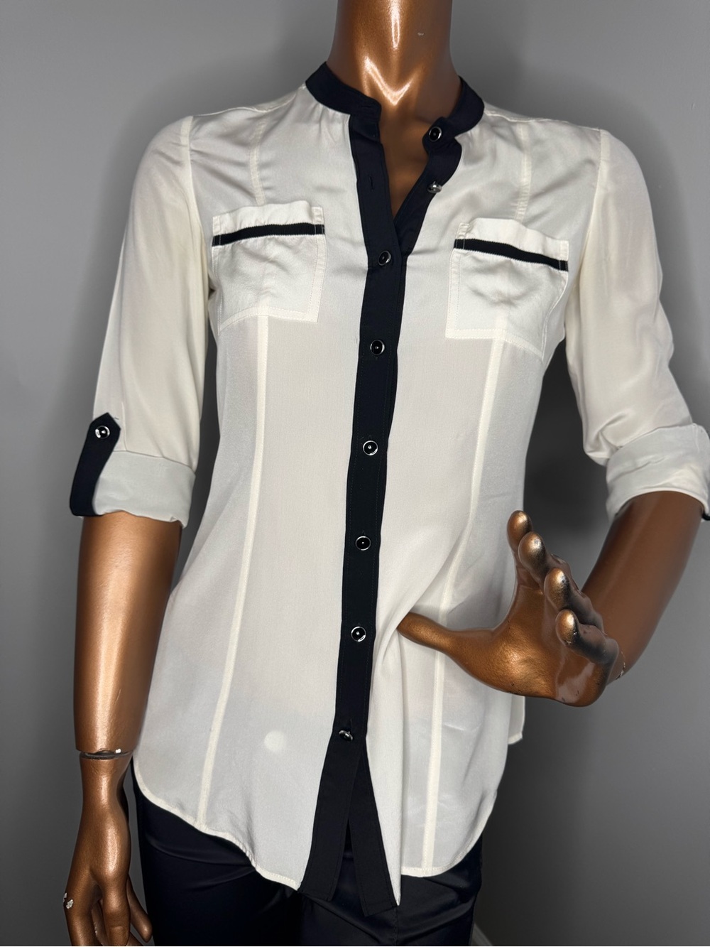 Women’s White Button-Down Shirt with Black Trim